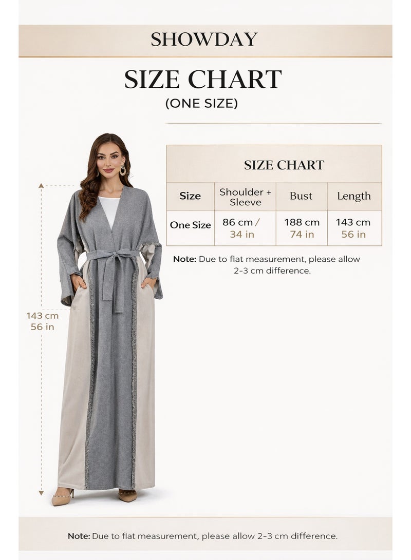 SHOWDAY Women’s Open Front Abaya Cardigan, Two Tone Long Kimono Kaftan with Belt & Pockets, Modest Maxi Outerwear for Daily Wear, Ramadan & Eid - Image 5